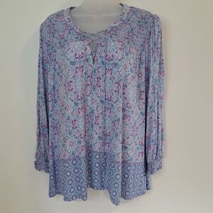 Ruby Rd Women's Blouse Boho Floral Purple Stretchy Long Sleeve